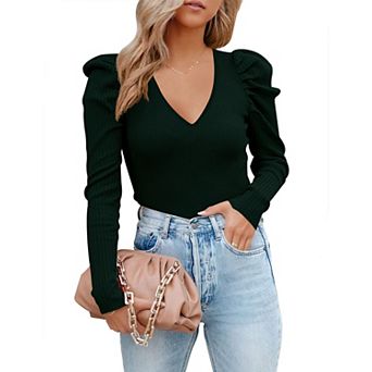 Women's V Neck Long Sleeve Pullover Sweater Top