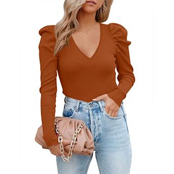 Women's V Neck Long Sleeve Pullover Sweater Top
