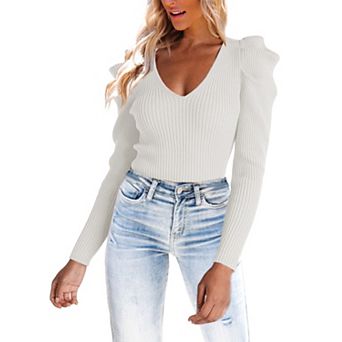 Women's V Neck Long Sleeve Pullover Sweater Top