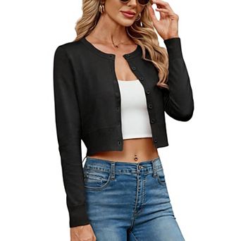 Women's Crew Neck Cropped Cardigan Long Sleeve Button Front Knit Sweater Top