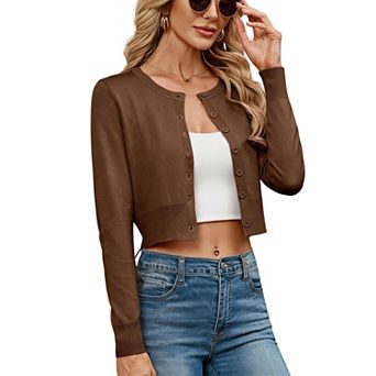 Women's Crew Neck Cropped Cardigan Long Sleeve Button Front Knit Sweater Top
