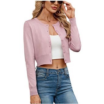 Women's Crew Neck Cropped Cardigan Long Sleeve Button Front Knit Sweater Top
