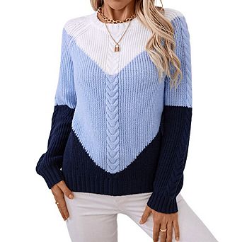 Women Crew Neck Color Block Cable Knit Sweater Long Sleeve Relaxed Pullover Top