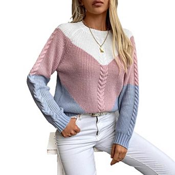 Women Crew Neck Color Block Cable Knit Sweater Long Sleeve Relaxed Pullover Top