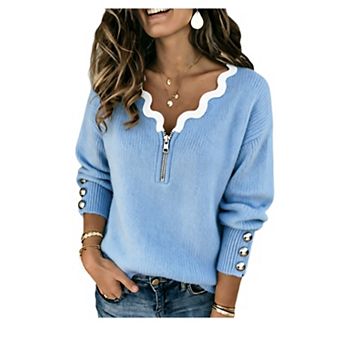 Womens V Neck Half Zip Up Sweaters Lantern Long Sleeve Ribbed Knit Fall Warm Pullover Jumper
