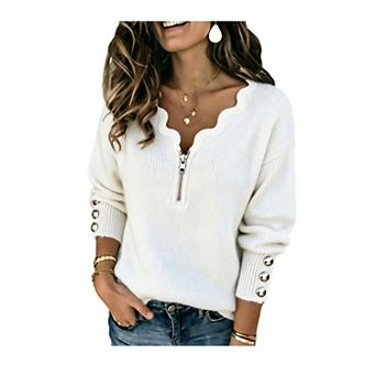 Womens V Neck Half Zip Up Sweaters Lantern Long Sleeve Ribbed Knit Fall Warm Pullover Jumper