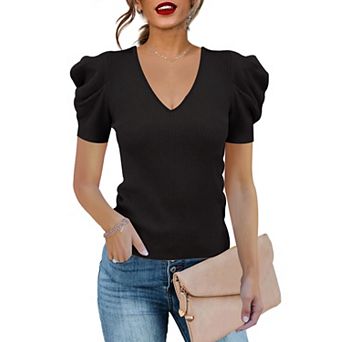 Women's V Neck Short Sleeve Pullover Sweater Top