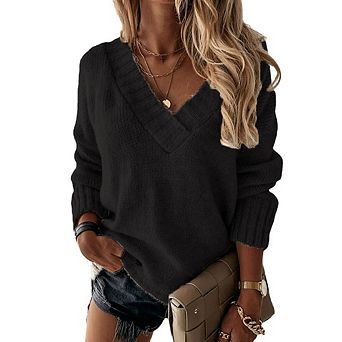 Women's V Neck Long Sleeve Pullover Knit Sweater Top