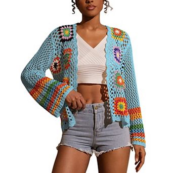 Women's Crochet Granny Square Open Front Cardigan Long Sleeve Boho Knit Top