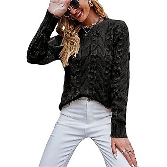 Women Crew Neck Cable Knit Sweater Long Sleeve Textured Pullover Casual Top