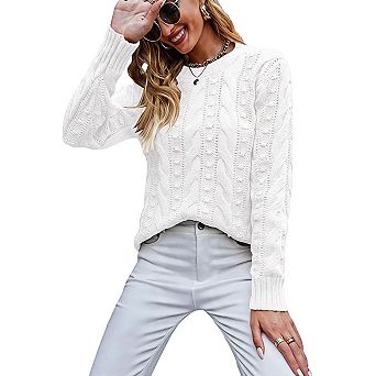 Women Crew Neck Cable Knit Sweater Long Sleeve Textured Pullover Casual Top