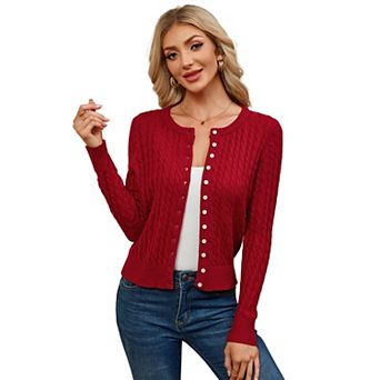 Women Crew Neck Button Down Cable Knit Cardigan Long Sleeve Soft Sweater