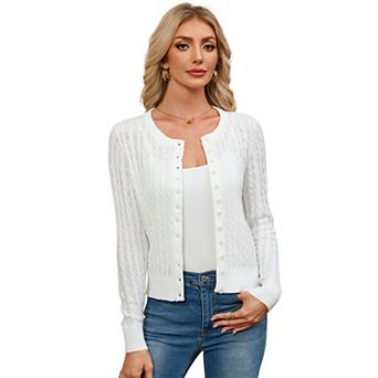 Women Crew Neck Button Down Cable Knit Cardigan Long Sleeve Soft Sweater