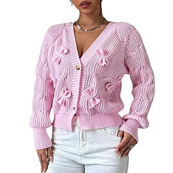 Women's V Neck Bow Decor Cable Knit Cardigan Long Sleeve Button Front Sweater
