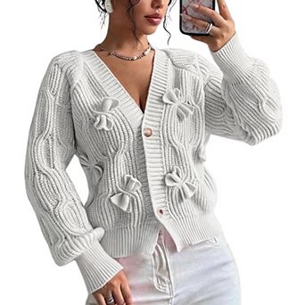 Women's V Neck Bow Decor Cable Knit Cardigan Long Sleeve Button Front Sweater