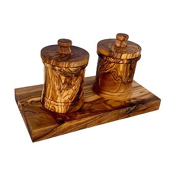 Olive Wood Spice Canister Set with Carved Base
