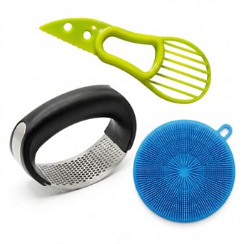 3 pc Kitchen Essentials Set Avocado Slicer, Stainless Steel Garlic Press & Fruit Scrubber