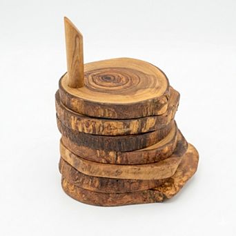 Olive Wood Drink Coaster Set with Holder 6 pc Heat-Resistant Round Coasters