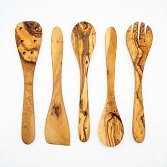 Olive Wood Kitchen Utensil Set 5 pc Non-Scratch Cooking Spoons & Spatula Set