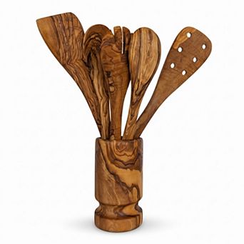 Olive Wood Kitchen Utensil Set with Holder 6 pc Cooking Spoons & Spatula Set