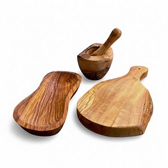 Mediterranean Olive Wood Kitchen Set 4 pc Mortar & Pestle, Bowl & Cutting Board Set
