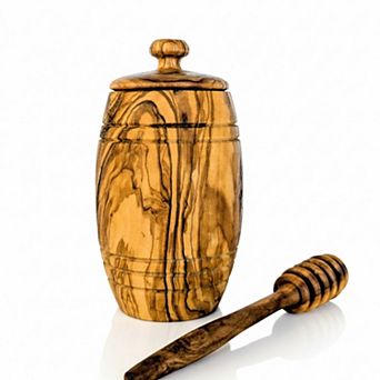 Mediterranean Olive Wood Honey Pot with Spoon 6 oz Honey Jar & Serving Dipper Set