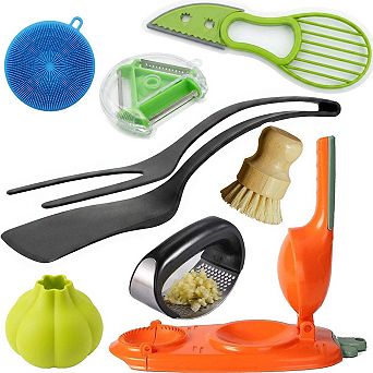 8 pc Multi-Purpose Kitchen Tool Set Garlic Press, Avocado Slicer, Peeler, Brushes
