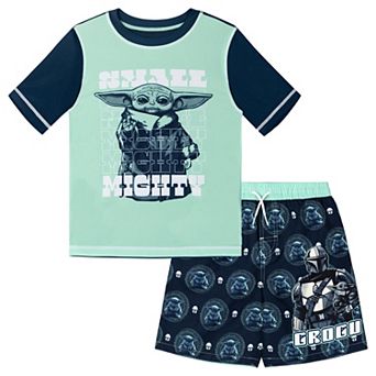 Star Wars The Mandalorian Grogu 2 pc Swimwear Rash Guard and Swim Trunks Set