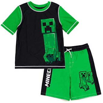 Minecraft Swimwear 2 pc Rash Guard and Swim Trunks Set