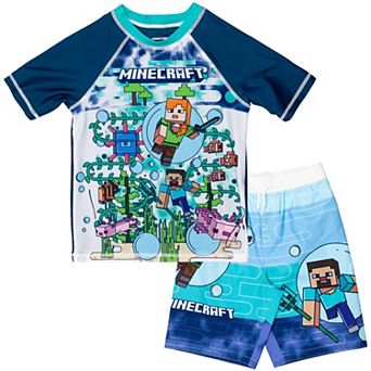 Minecraft Swimwear 2 pc Rash Guard and Swim Trunks Set