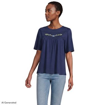 Women's Lands' End Elbow Sleeve Embroidered Pintuck Blouse