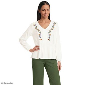 Women's Lands' End Long Sleeve Slub V-Neck Embroidered Tiered Blouse