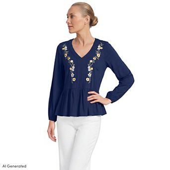 Women's Lands' End Long Sleeve Slub V-Neck Embroidered Tiered Blouse