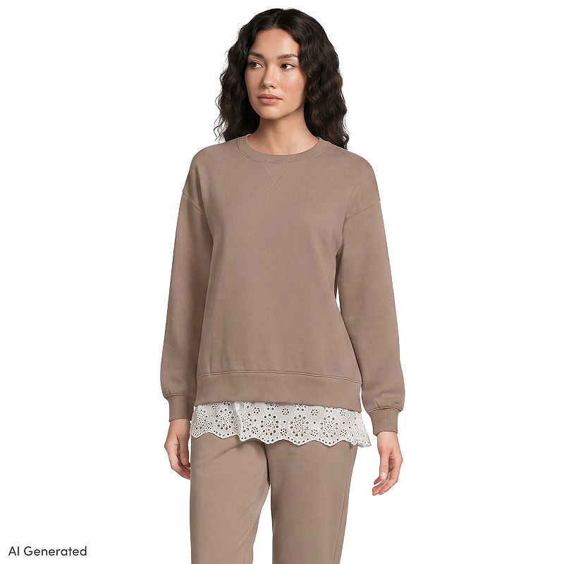 Women's Lands' End Long Sleeve Lace Hem Crewneck Sweatshirt, Size: Medium, Brown