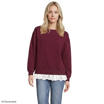Women's Lands' End Long Sleeve Lace Hem Crewneck Sweatshirt