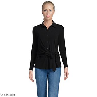 Women's Lands' End Long Sleeve Button Front Top with Adjustable Side Tie Waist
