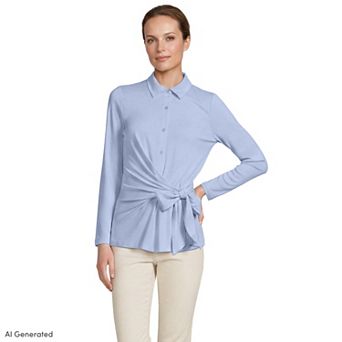 Women's Lands' End Long Sleeve Button Front Top with Adjustable Side Tie Waist