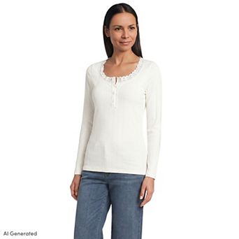 Women's Lands' End Long Sleeve Variegated Micro Rib Lace Trim Scoop Neck Top