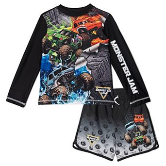 Monster Jam Long Sleeve Rash Guard and Swim Trunks Set