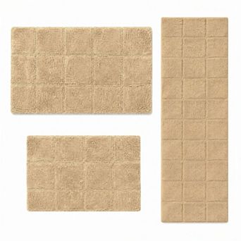 SUPERIOR Cotton Checkered Pattern Washable Non-Slip 3 pc Bathroom Rugs & Runner Set