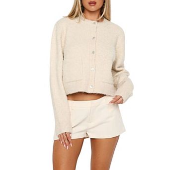 Women's Crew Neck Fuzzy Knit Cardigan Long Sleeve Button Front Sweater with Pockets
