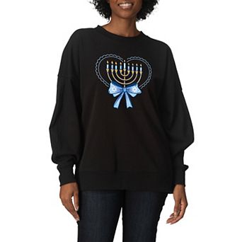 Women's Coquette Hanukkah Menorah Heart & Bow Oversized Fleece Crew Sweatshirt