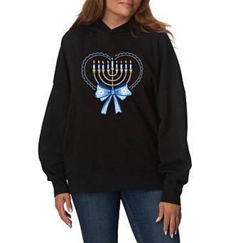 Women's Coquette Hanukkah Menorah Heart & Bow Oversized Fleece Hoodie Sweatshirt