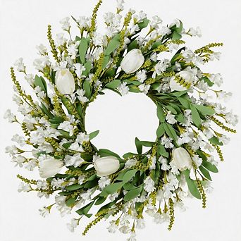 22" White Tulip Lavender Wreath Spring Summer Front Door Farmhouse Wall Decor