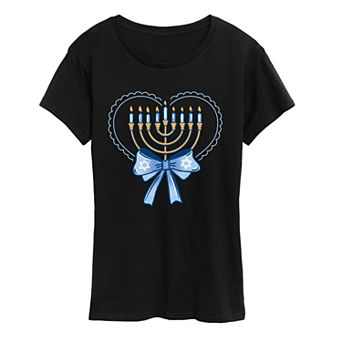 Women's Coquette Hanukkah Menorah Heart & Bow Graphic Tee