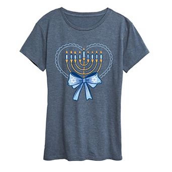 Women's Coquette Hanukkah Menorah Heart & Bow Graphic Tee