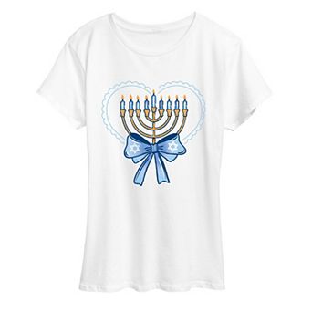 Women's Coquette Hanukkah Menorah Heart & Bow Graphic Tee