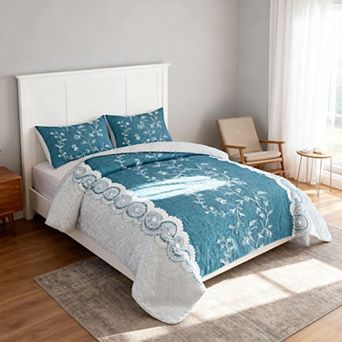 3 pc Lace Floral Bedding Set Quilted Microfiber Quilt with Pillow Shams for Queen King Cal King