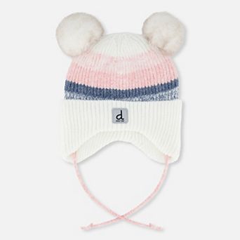 Toddlers Girl Winter Knit Hat with Ear Flaps and Pompoms