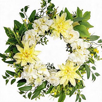 22" Summer Floral Wreath Yellow Dahlia White Hydrangea Front Door Farmhouse Decor